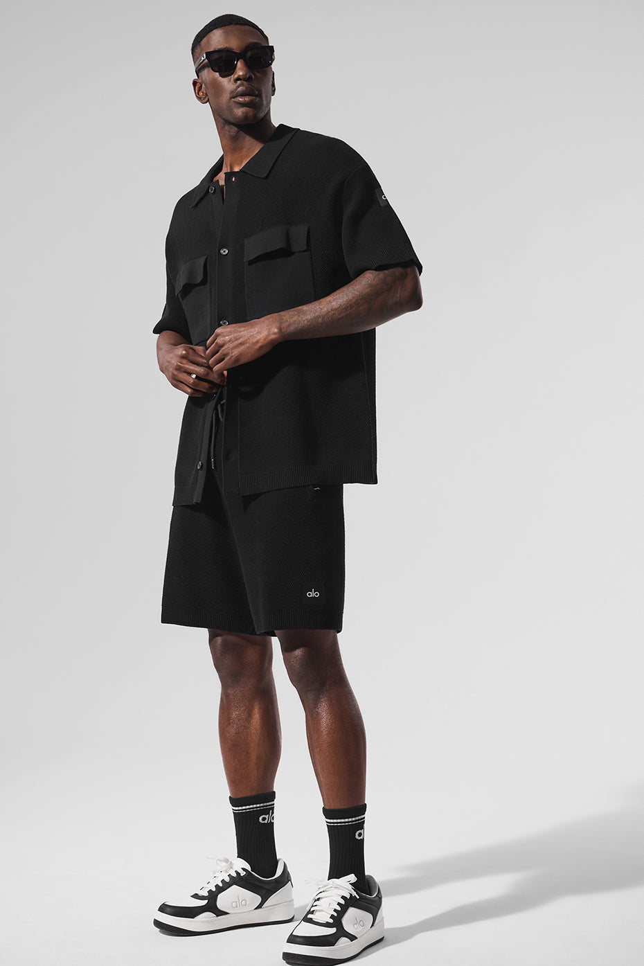 Sports Club Sweater Knit Short Sleeve Button Up - Black - Image 4