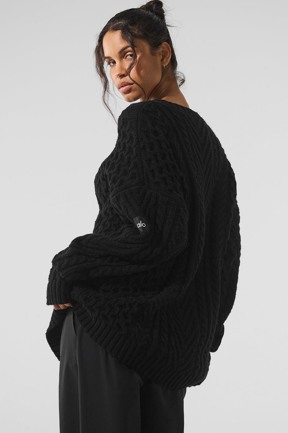 Cable Knit Crew Neck Sweater - Black - Image 2