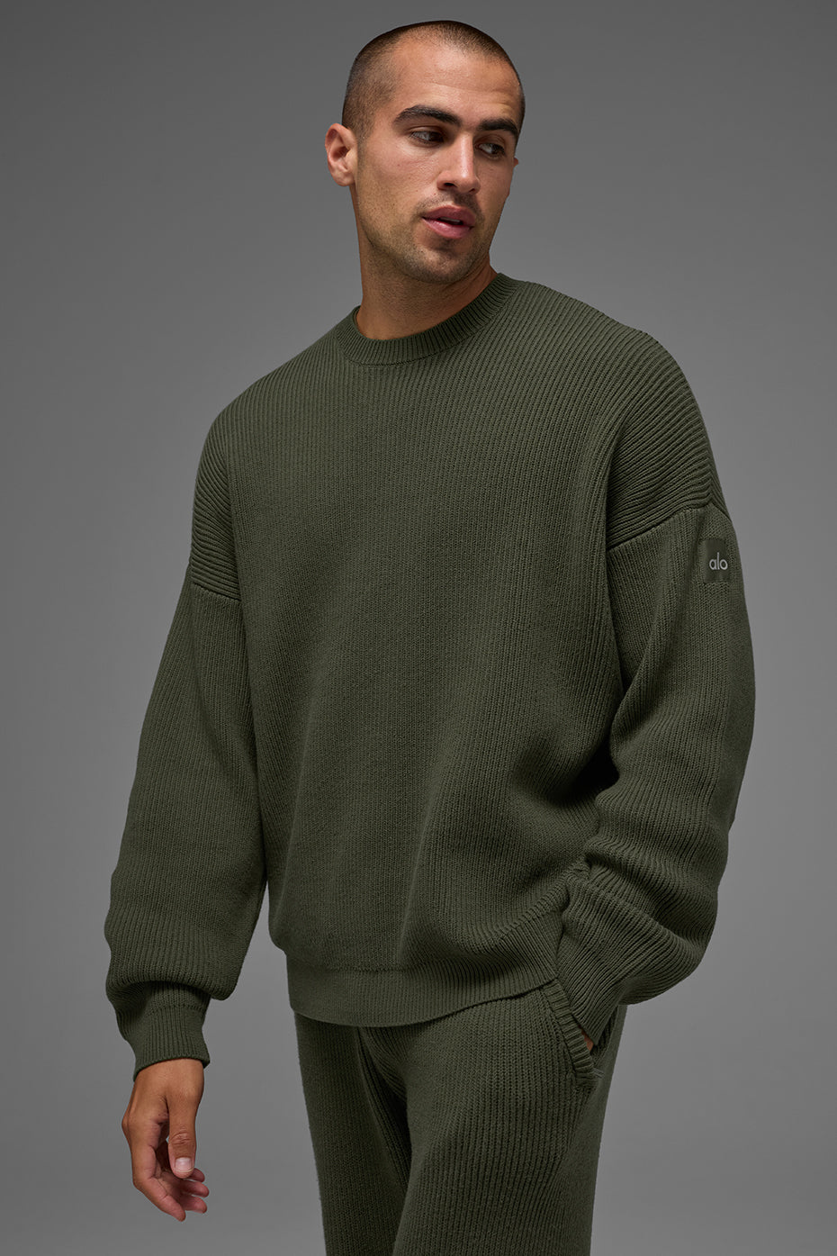 Domain Rib Knit Crew Sweater - Green Olive - Image 2