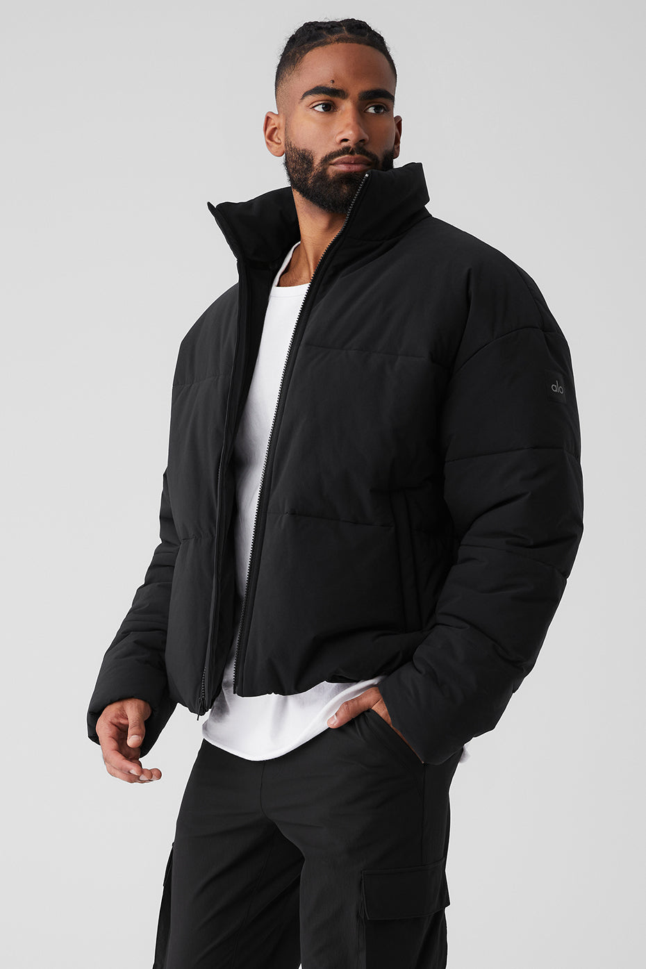 Stretch Woven Street Puffer - Black - Image 3