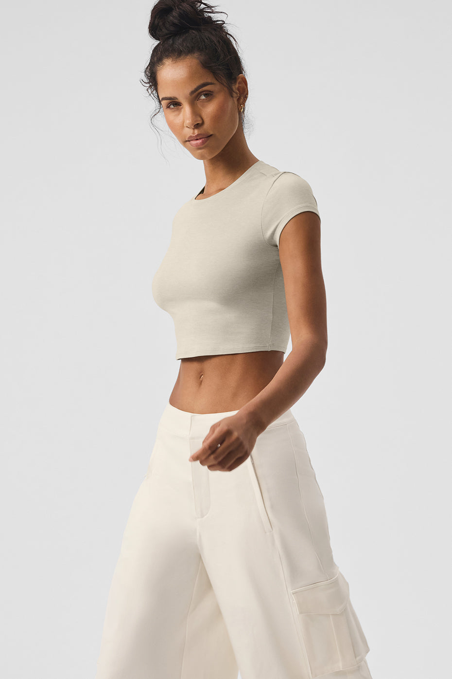 Alosoft Crop Finesse Short Sleeve - Oatmeal Heather - Image 4