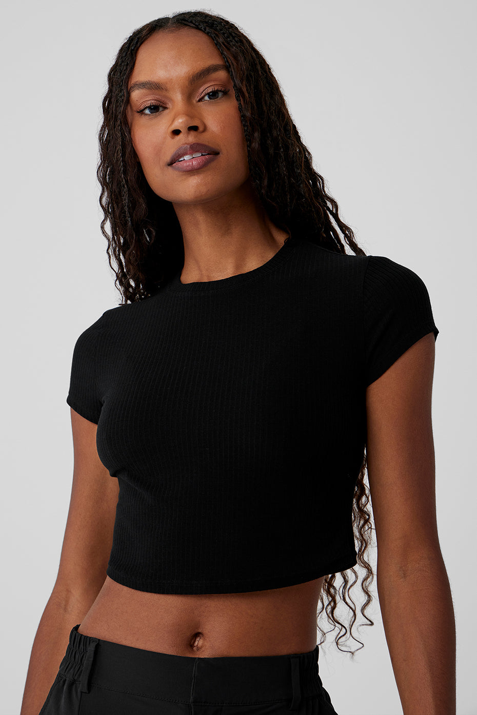 Ribbed Sea Coast Cropped Short Sleeve Tee - Black - Image 4