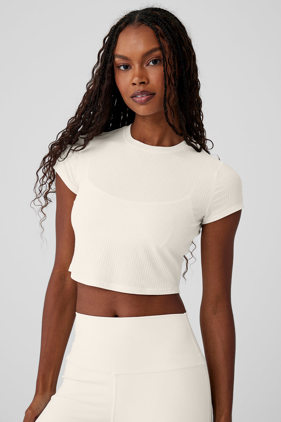 Ribbed Sea Coast Cropped Short Sleeve Tee - Ivory - Image 5