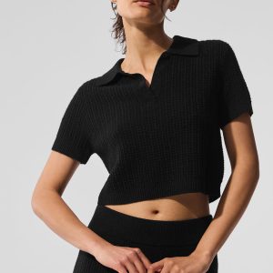 Cashmere Plush Waffle Polo Tee - Black