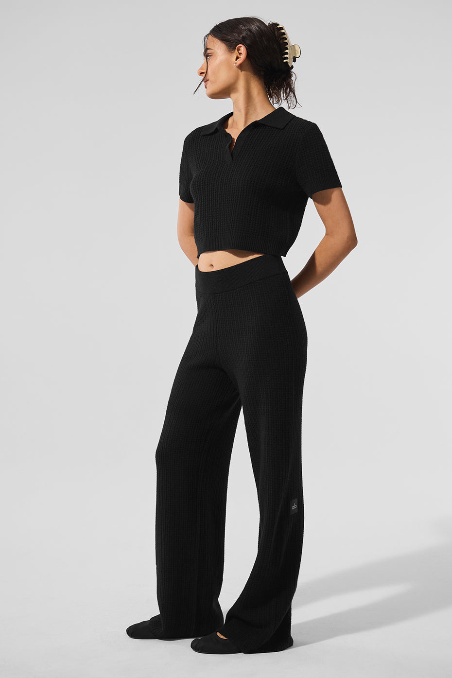 Cashmere Plush Waffle Polo Tee - Black - Image 4