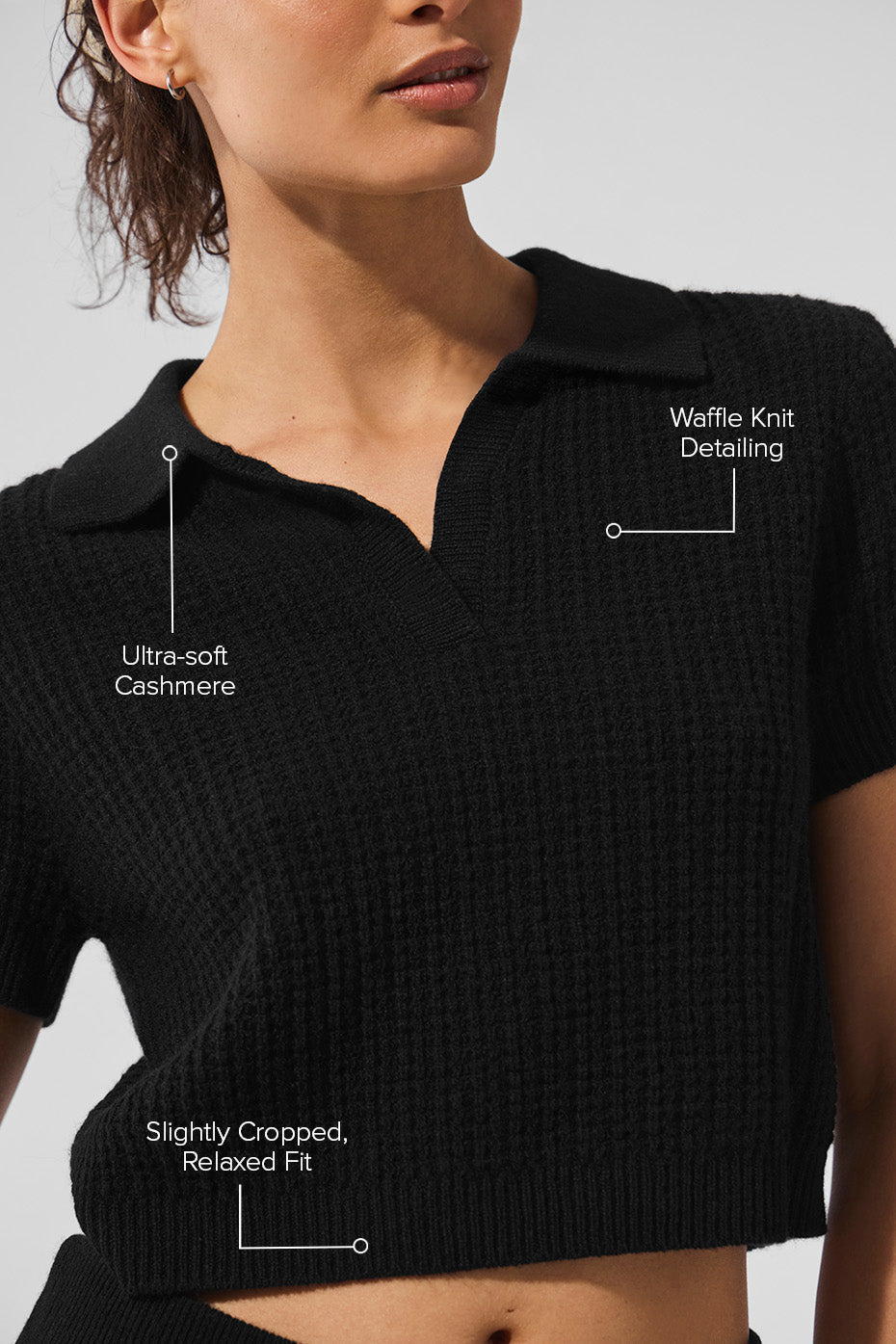 Cashmere Plush Waffle Polo Tee - Black - Image 2