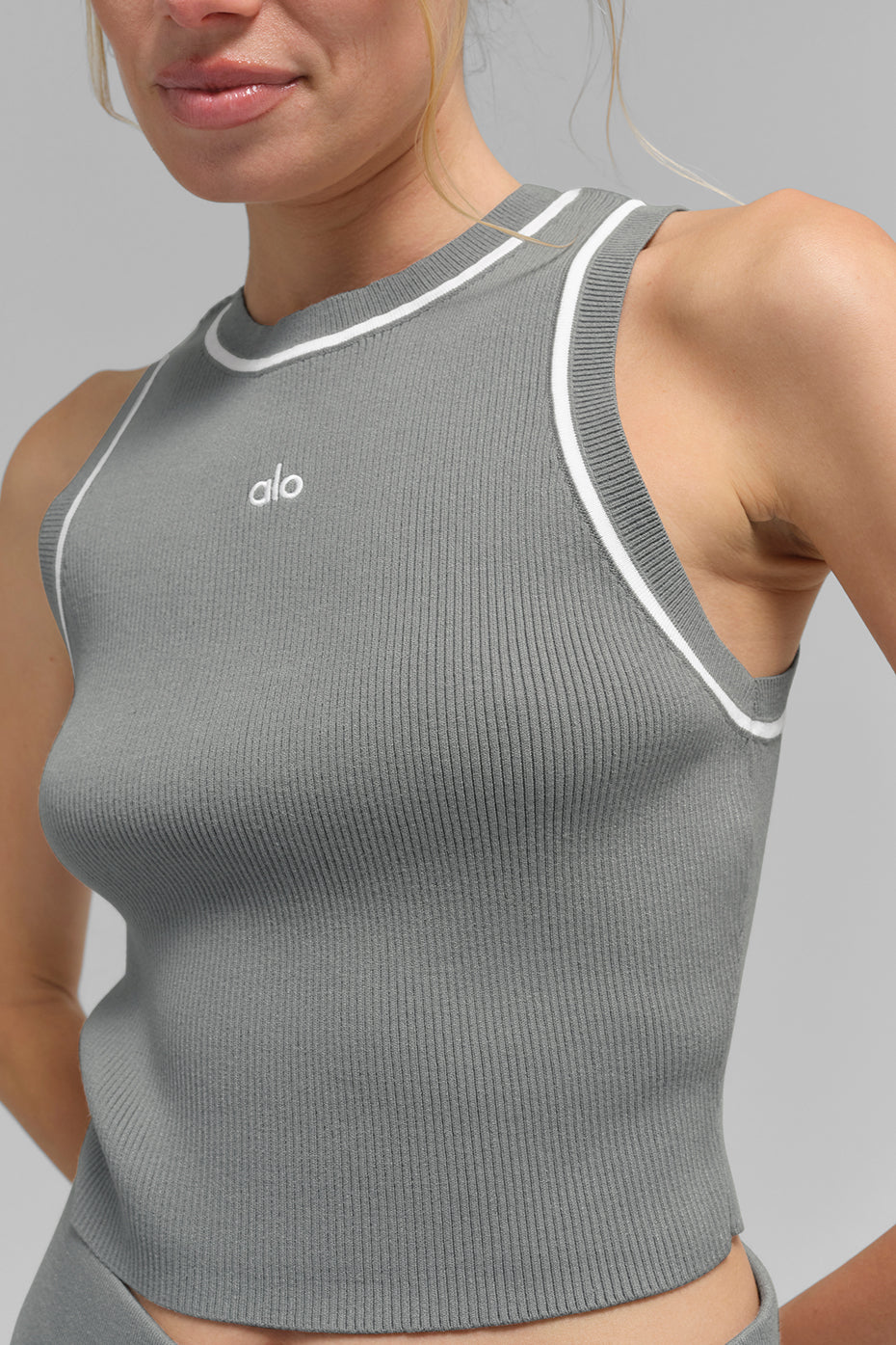 Ribbed Sweater Knit Highline Cropped Tank - Lunar Grey/White - Image 2