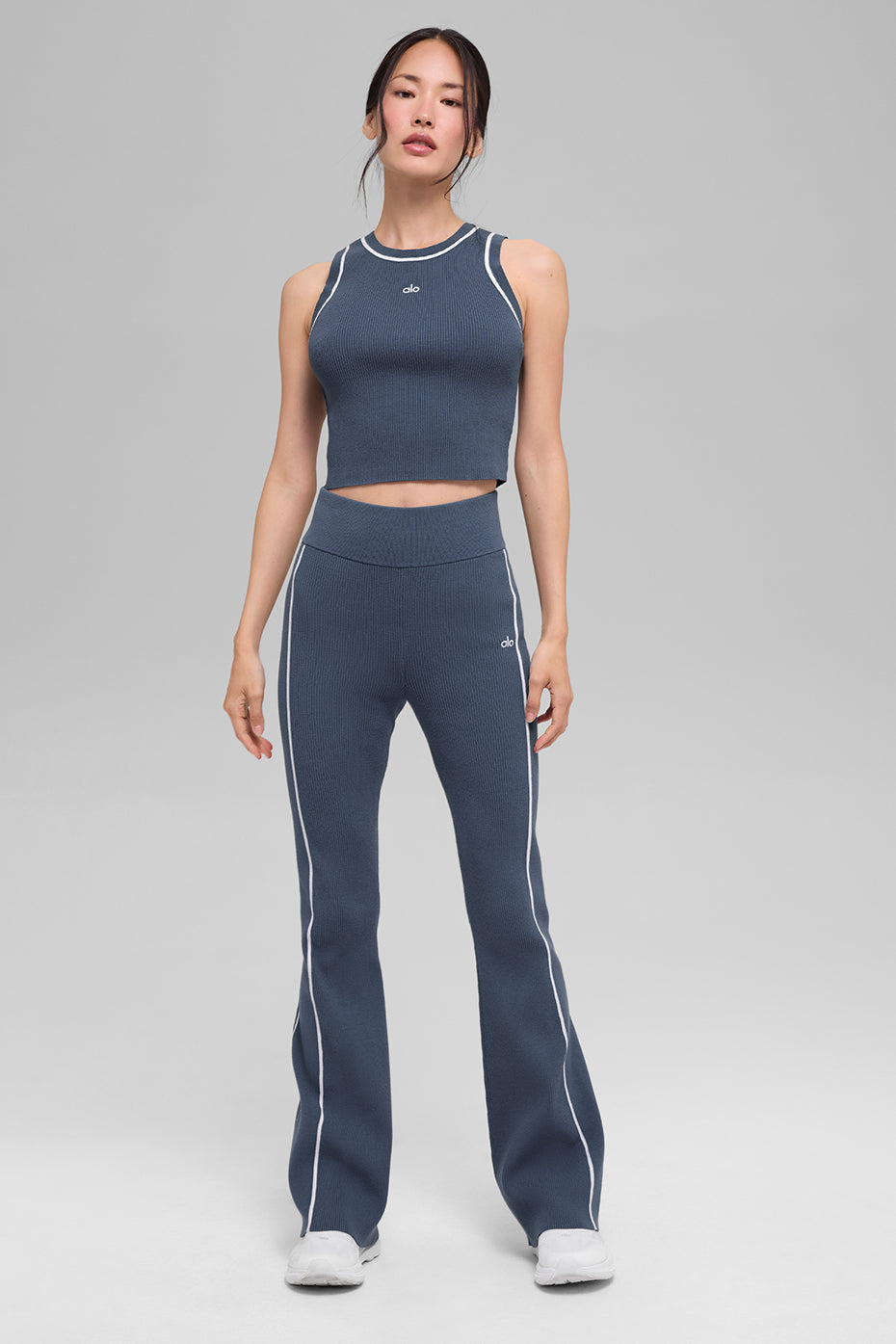 Ribbed Sweater Knit Highline Cropped Tank - Bluestone/White - Image 5