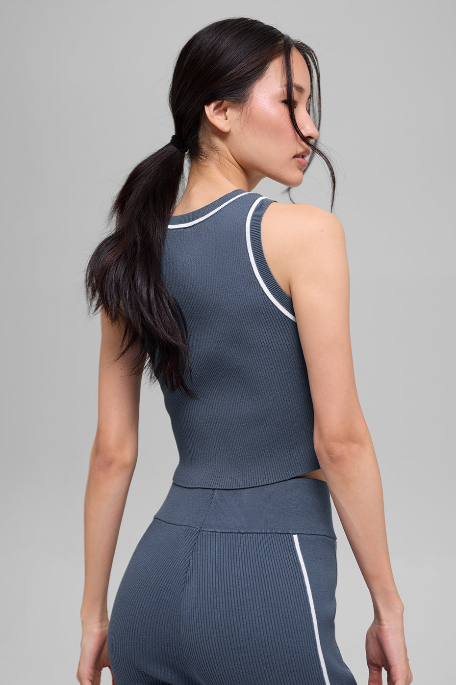 Ribbed Sweater Knit Highline Cropped Tank - Bluestone/White - Image 3