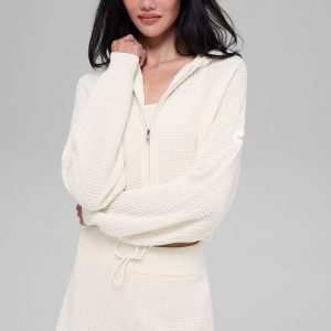 Cashmere Plush Waffle Full Zip Hoodie - Ivory