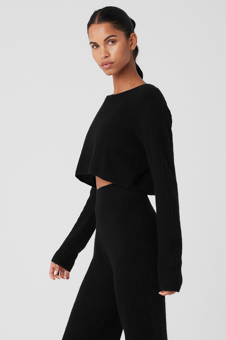 Cashmere Plush Waffle Cropped Long Sleeve - Black - Image 4