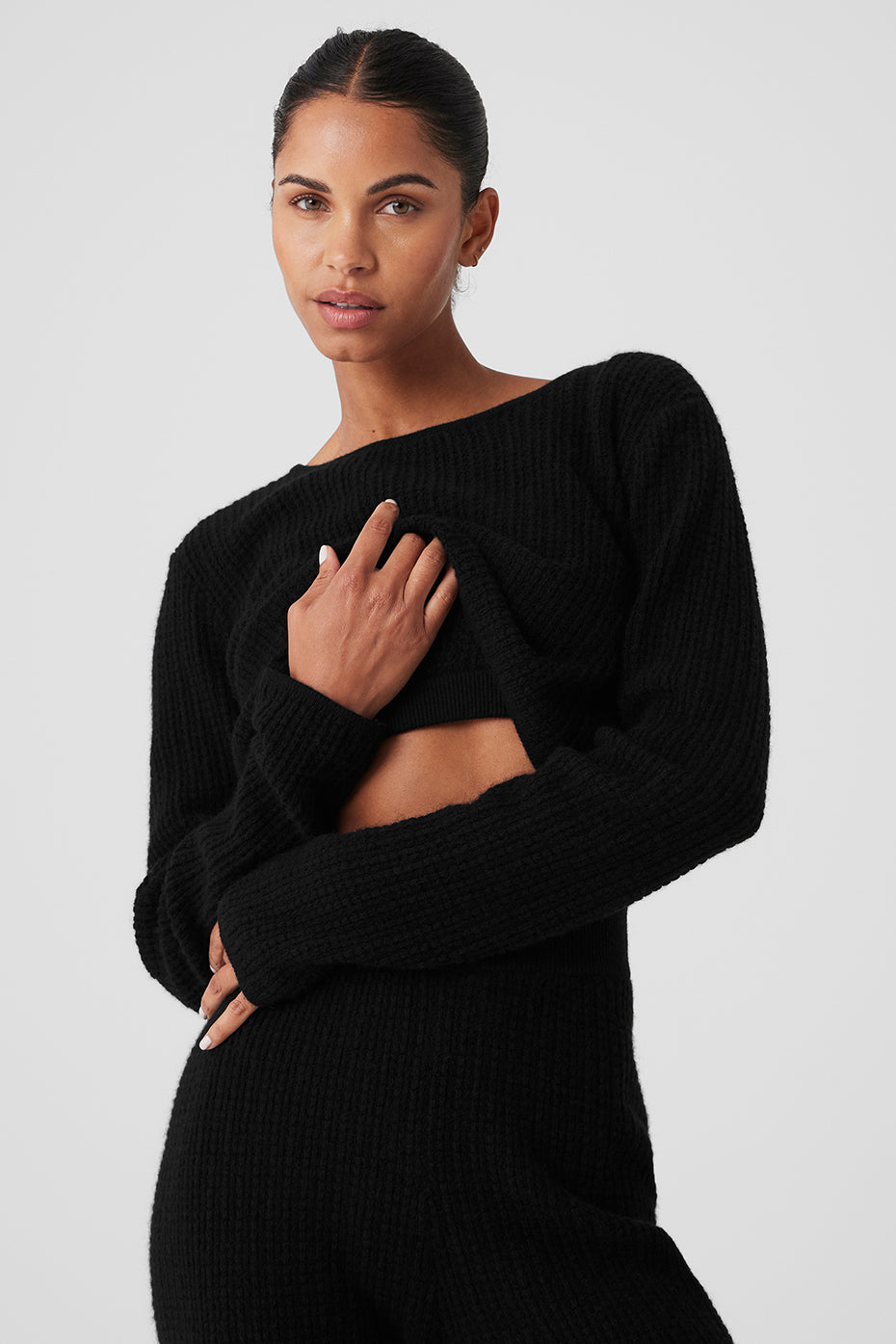 Cashmere Plush Waffle Cropped Long Sleeve - Black - Image 2