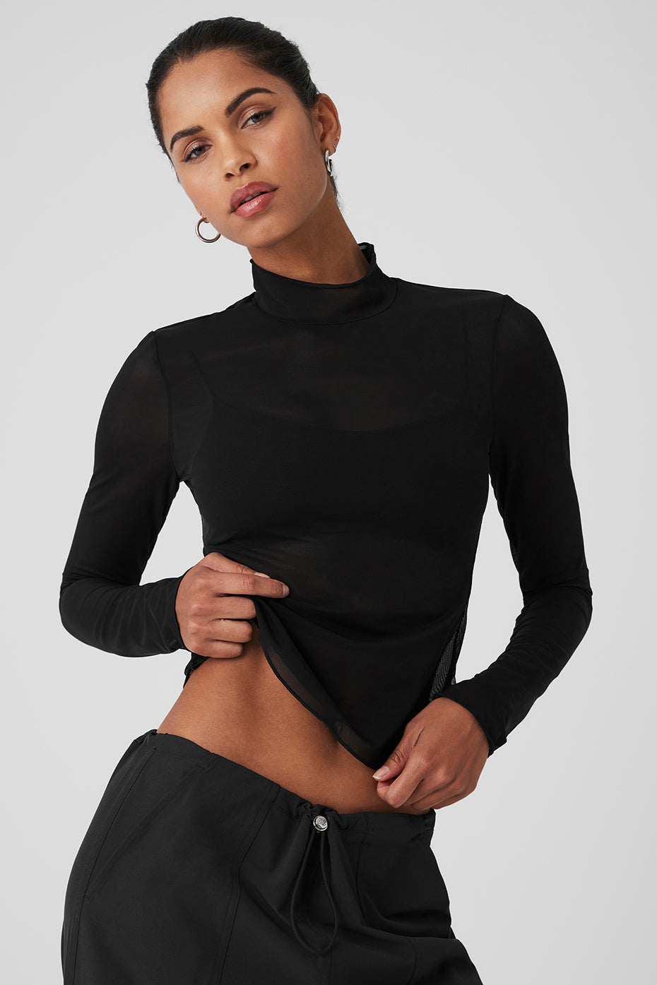 Mesh Sheer Illusion Mock Neck Long Sleeve - Black - Image 4