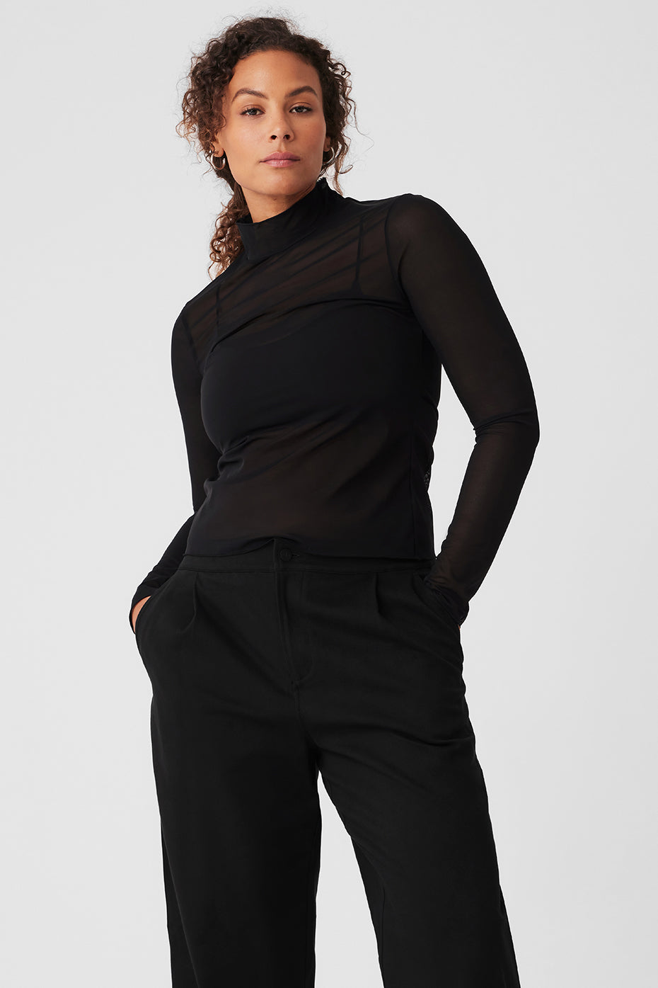 Mesh Sheer Illusion Mock Neck Long Sleeve - Black - Image 5
