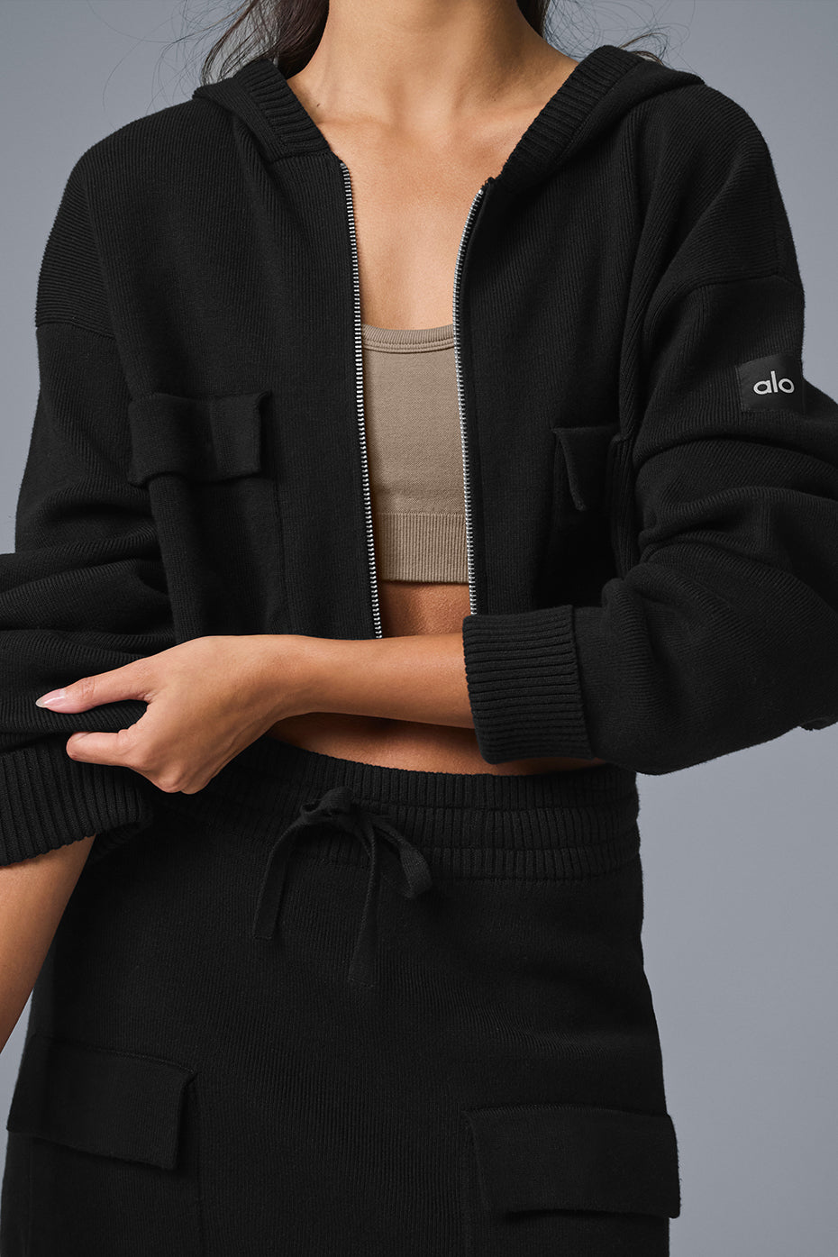 Scholar Knit Cargo Full Zip Hoodie - Black - Image 3