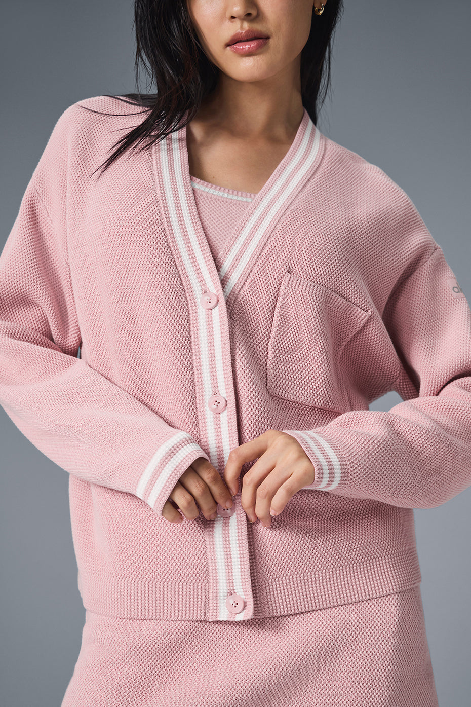 Tennis Club Sweater Knit Cardigan - Ballet Pink/White - Image 2