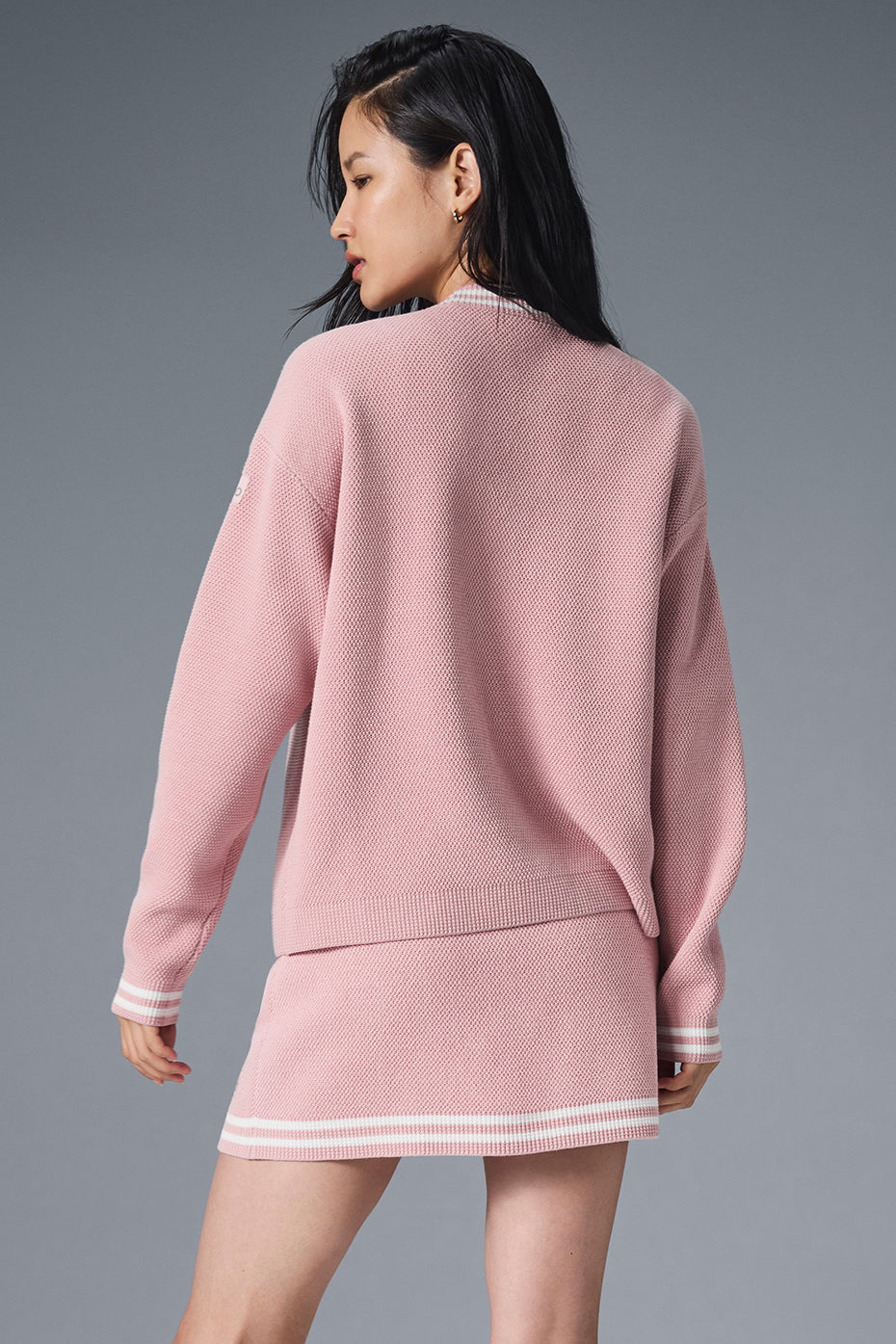 Tennis Club Sweater Knit Cardigan - Ballet Pink/White - Image 3
