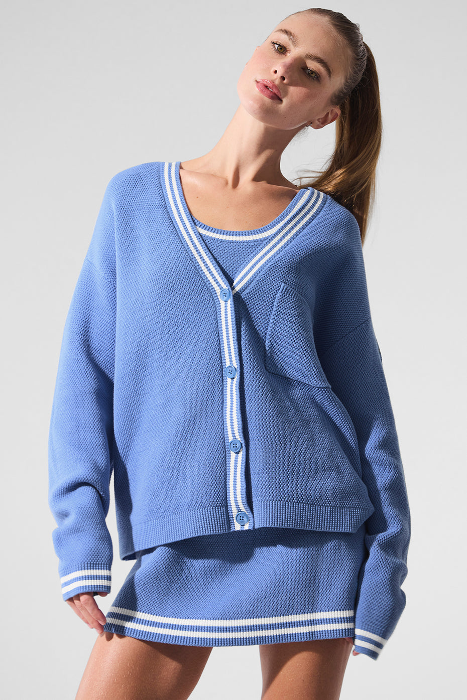 Tennis Club Sweater Knit Cardigan - Crystal Clear Blue/White - Image 2