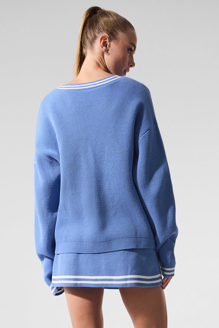 Tennis Club Sweater Knit Cardigan - Crystal Clear Blue/White - Image 3
