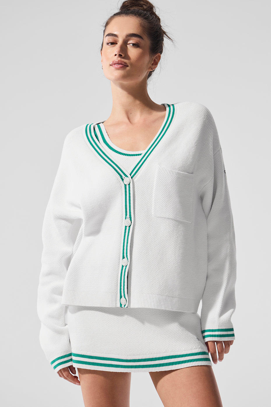 Tennis Club Sweater Knit Cardigan - White/Spruce Green - Image 3