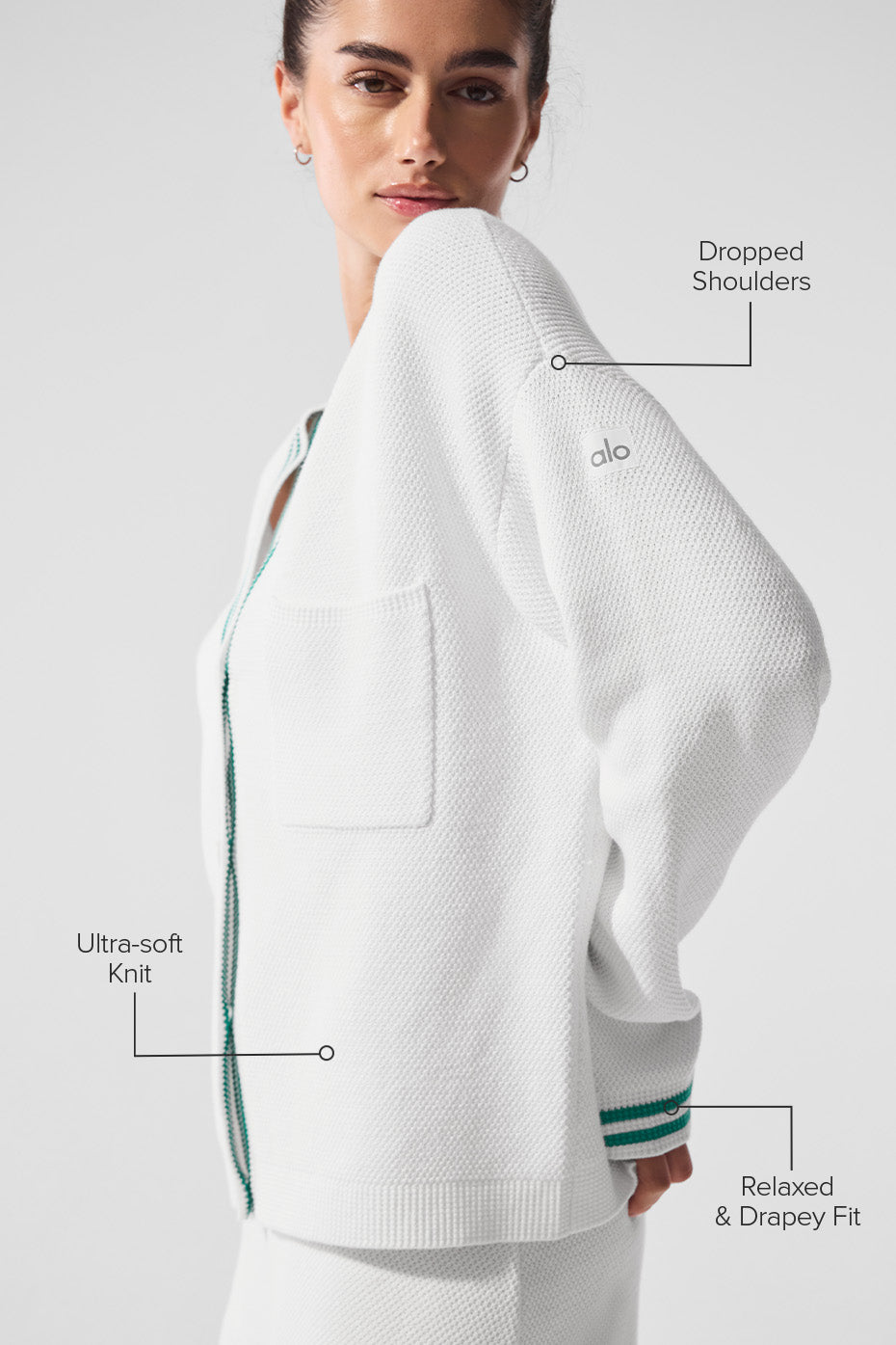 Tennis Club Sweater Knit Cardigan - White/Spruce Green - Image 2