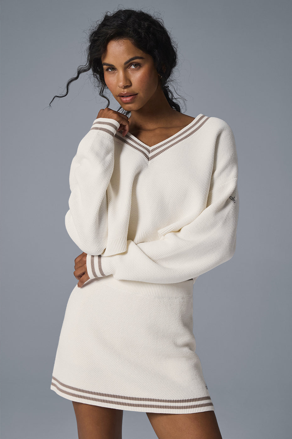 Tennis Club Sweater Knit V-Neck Pullover - Ivory/Gravel - Image 3