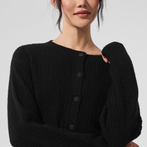 Cashmere Plush Waffle Cardigan - Black