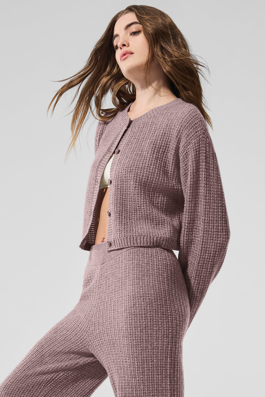 Cashmere Plush Waffle Cardigan - Mushroom Heather - Image 4