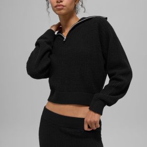Cashmere Plush Waffle 1/4 Zip Pullover - Black