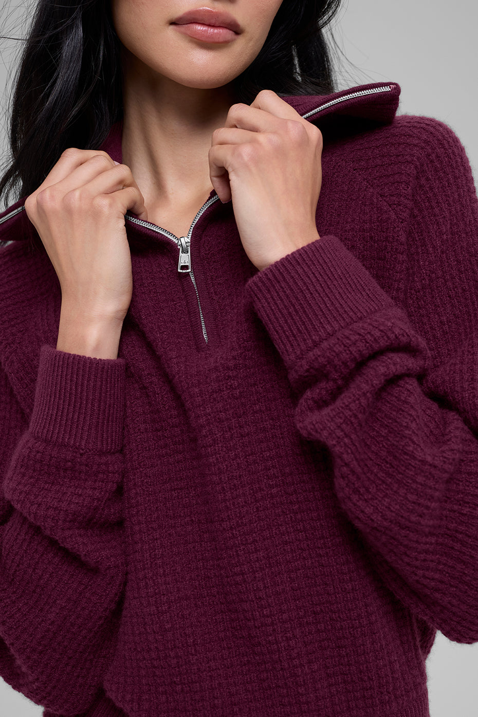 Cashmere Plush Waffle 1/4 Zip Pullover - Burgundy - Image 3