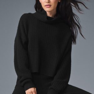 Cashmere Plush Waffle Turtleneck Pullover - Black