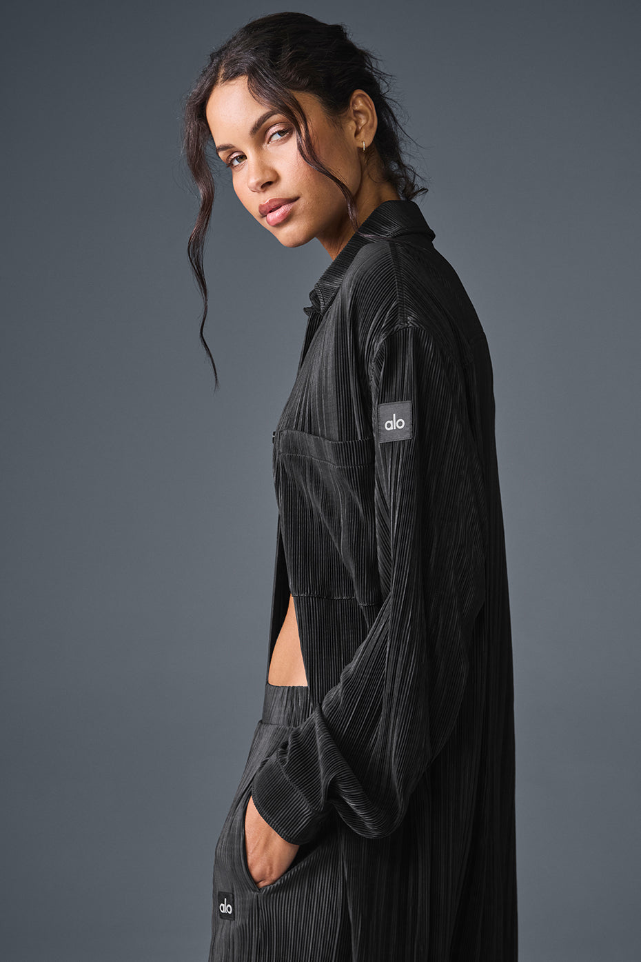 Micro Plisse Shirt Dress - Black - Image 4