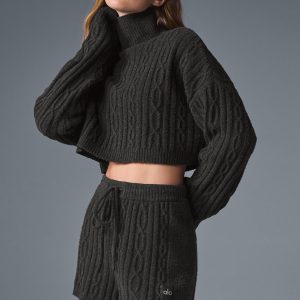 Cable Knit Cropped Winter Bliss Turtleneck Long Sleeve - Dark Heather Grey
