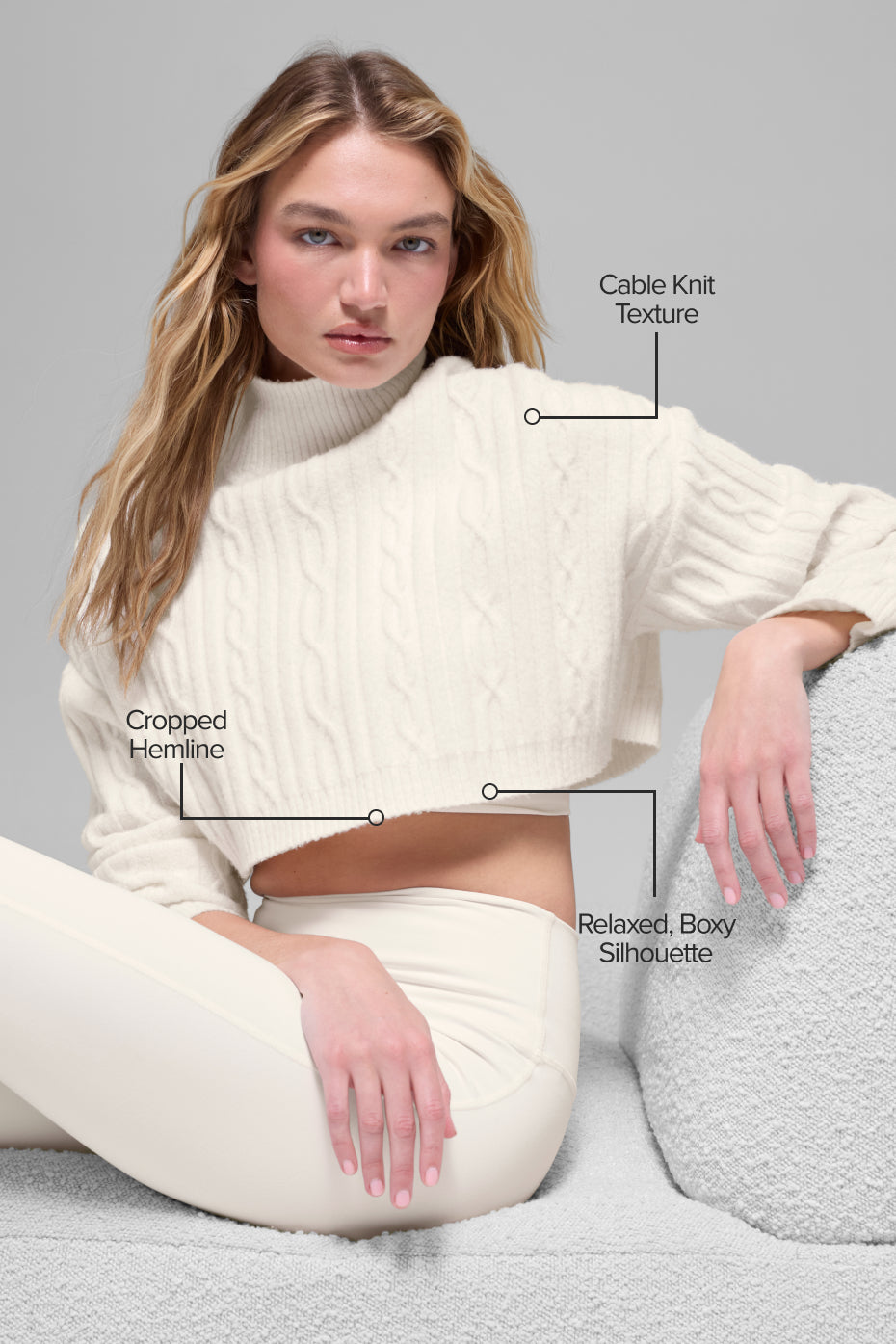 Cable Knit Cropped Winter Bliss Turtleneck Long Sleeve - Ivory - Image 2