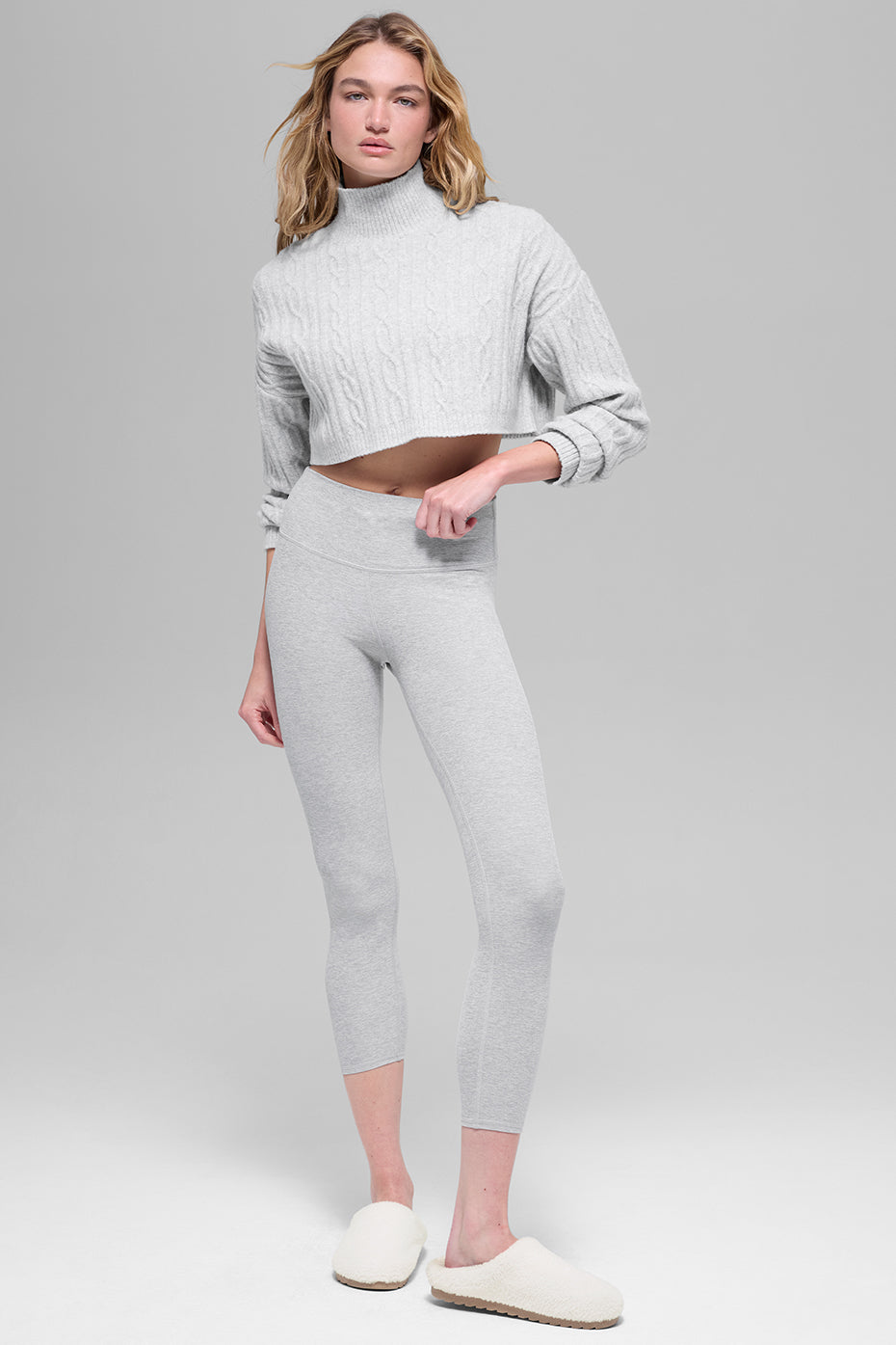 Cable Knit Cropped Winter Bliss Turtleneck Long Sleeve - Athletic Heather Grey - Image 5