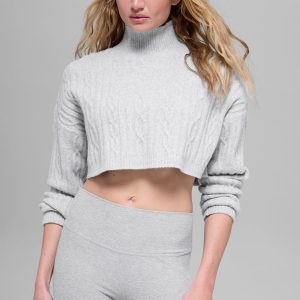 Cable Knit Cropped Winter Bliss Turtleneck Long Sleeve - Athletic Heather Grey