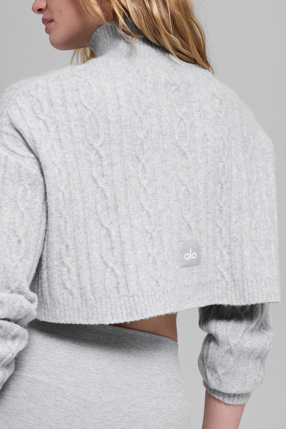 Cable Knit Cropped Winter Bliss Turtleneck Long Sleeve - Athletic Heather Grey - Image 3