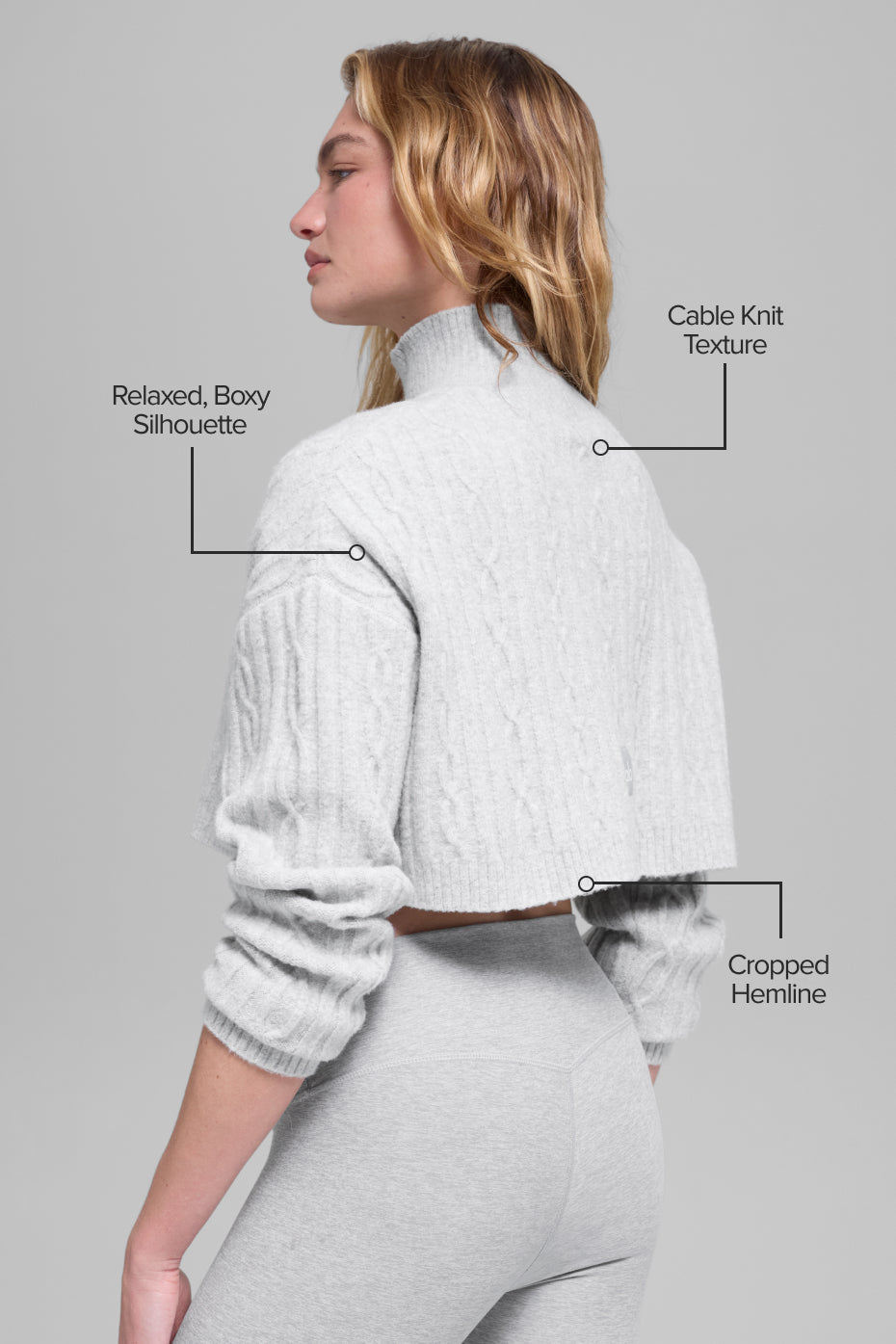 Cable Knit Cropped Winter Bliss Turtleneck Long Sleeve - Athletic Heather Grey - Image 2