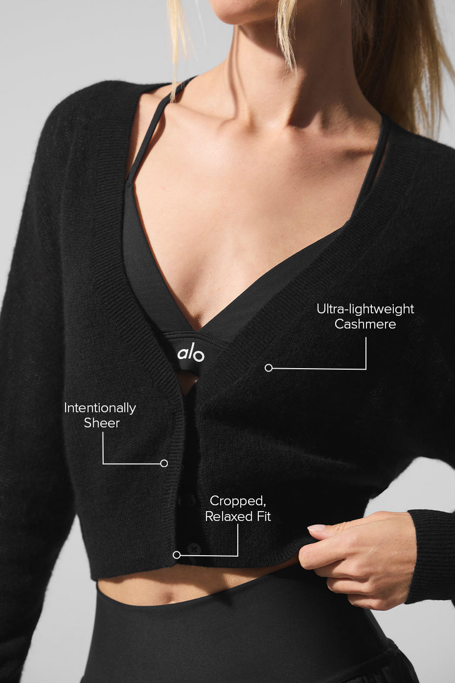 Sheer Cashmere Cropped Cardigan - Black - Image 2