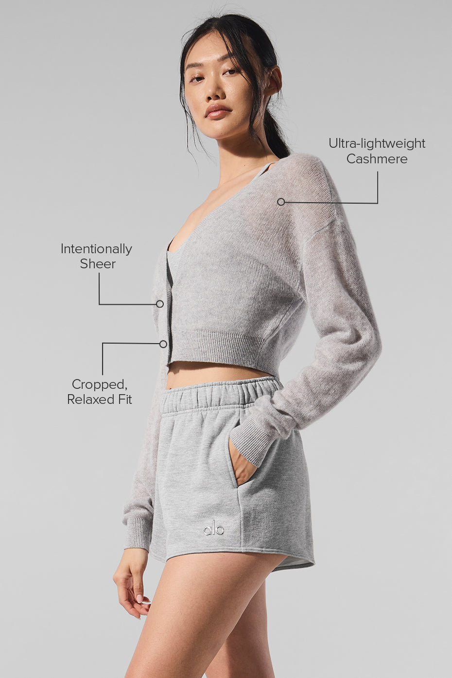 Sheer Cashmere Cropped Cardigan - Athletic Heather Grey - Image 2