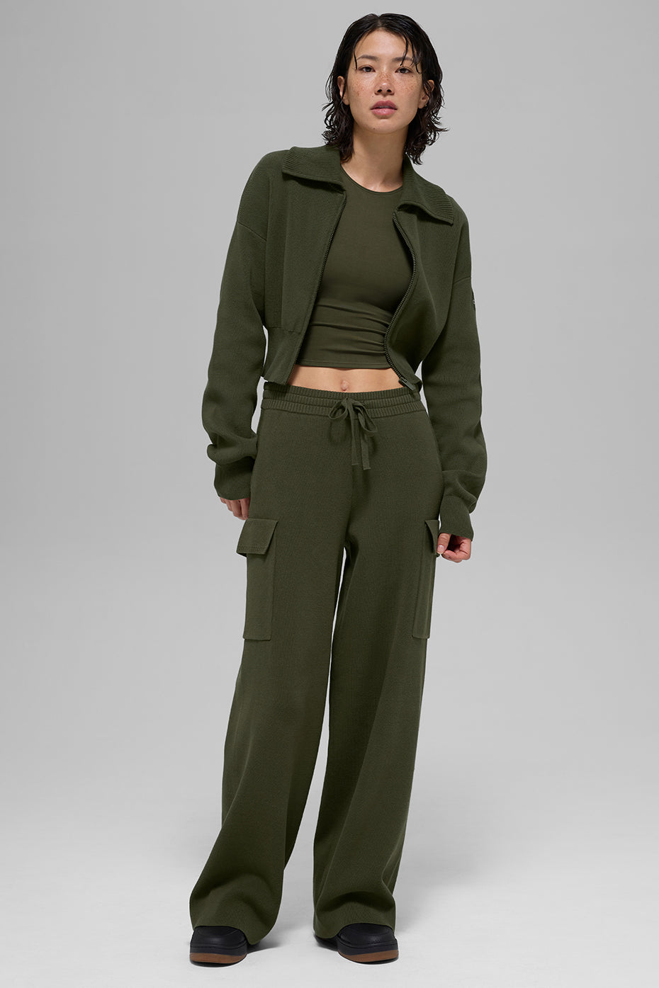 Scholar Knit Cropped Full Zip Jacket - Green Olive - Image 6