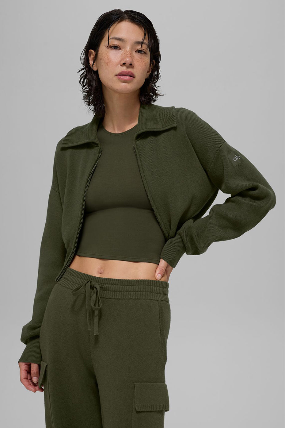 Scholar Knit Cropped Full Zip Jacket - Green Olive - Image 2