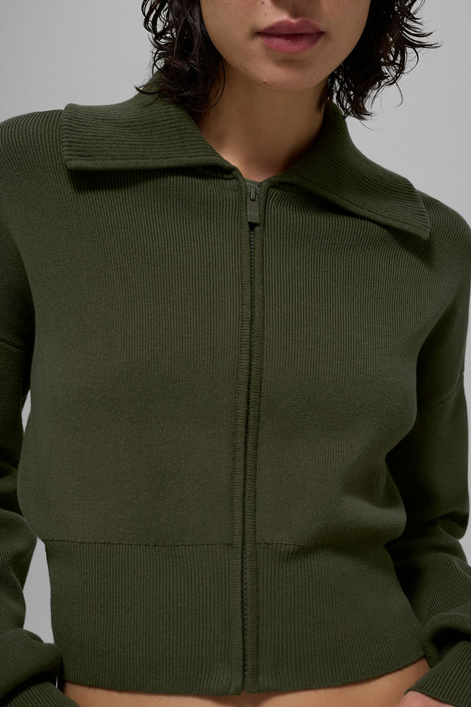 Scholar Knit Cropped Full Zip Jacket - Green Olive - Image 3