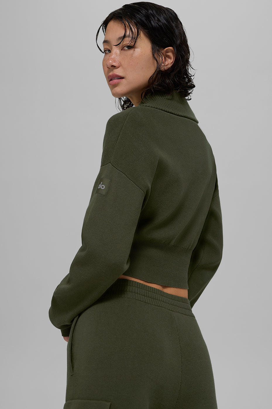 Scholar Knit Cropped Full Zip Jacket - Green Olive - Image 4