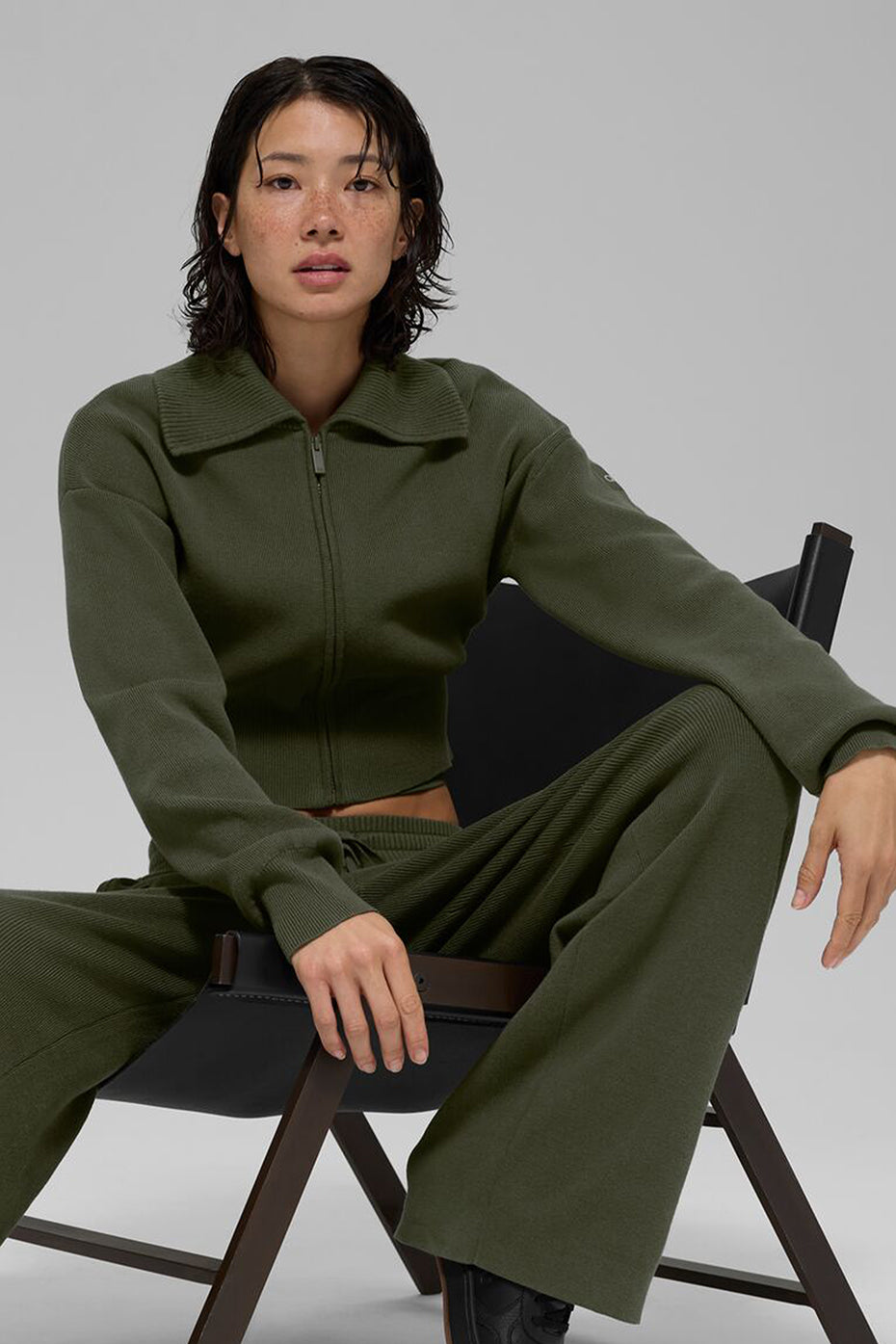 Scholar Knit Cropped Full Zip Jacket - Green Olive - Image 5