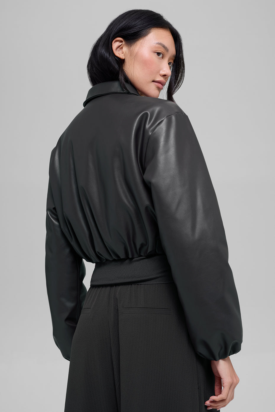 Faux Leather Cropped Premier Bomber - Black - Image 3