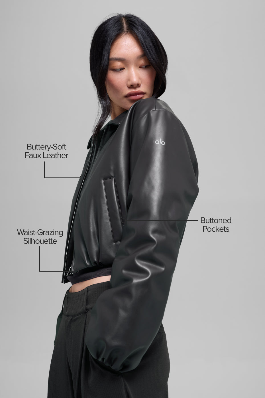 Faux Leather Cropped Premier Bomber - Black - Image 2