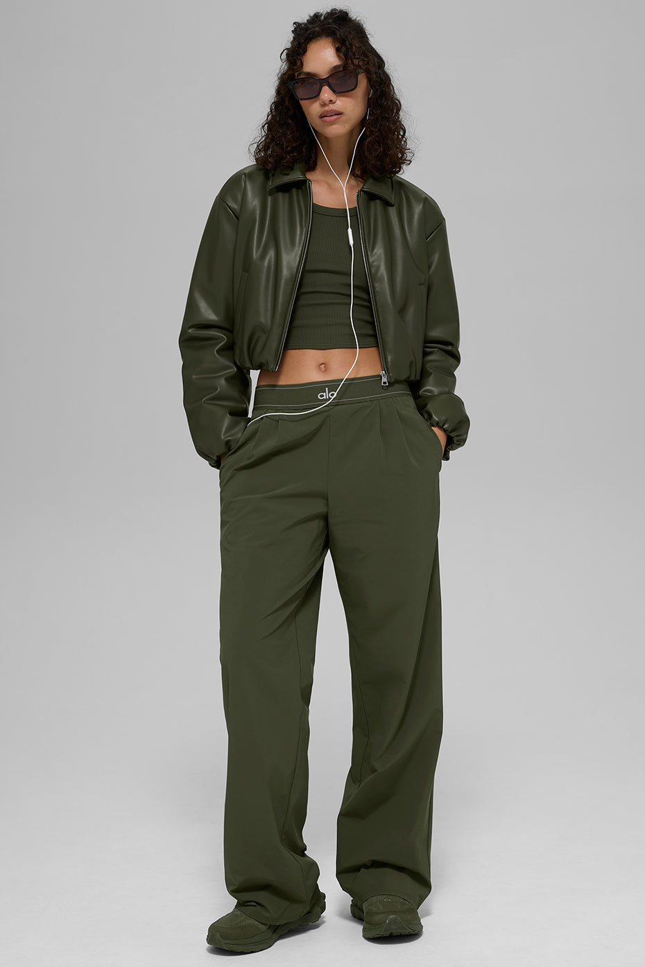 Faux Leather Cropped Premier Bomber - Green Olive - Image 6