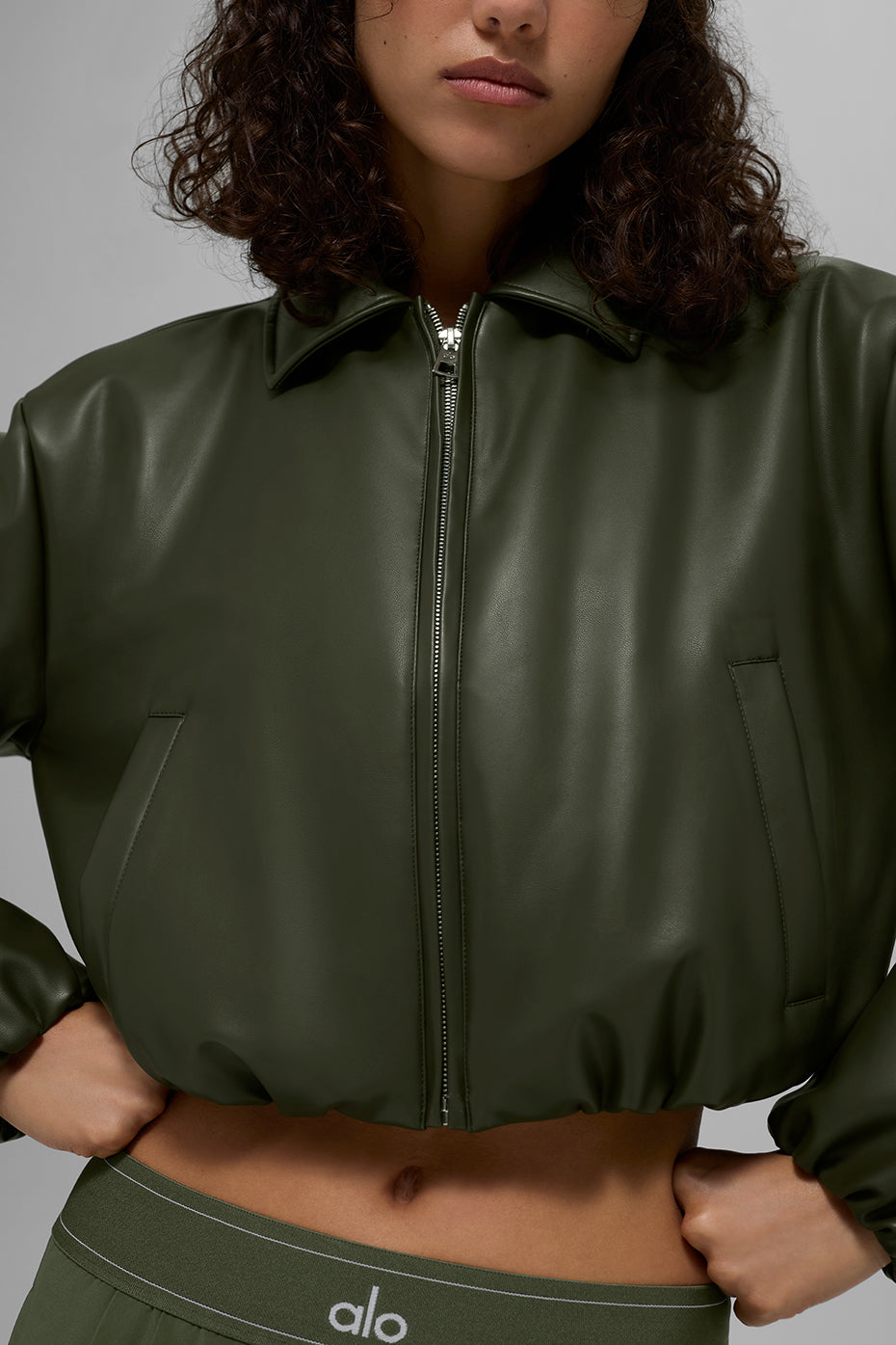Faux Leather Cropped Premier Bomber - Green Olive - Image 3