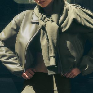 Faux Leather Cropped Premier Bomber - Green Olive